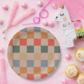 ブルーベージュオレンジブラウン市松模様にジンガムパターン ペーパープレート (パーティー)