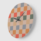 ブルーベージュオレンジブラウン市松模様にジンガムパターン ラージ壁時計 (傾斜)