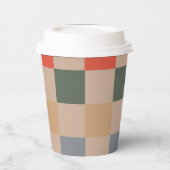 ブルーベージュオレンジブラウン市松模様にジンガムパターン 紙コップ (左)