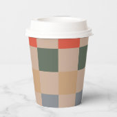 ブルーベージュオレンジブラウン市松模様にジンガムパターン 紙コップ (裏面)