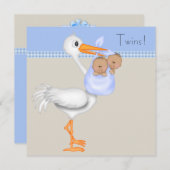 ブルーベージュギンガムストークツインボーイ赤ちゃんシャワー 招待状 (正面/裏面)