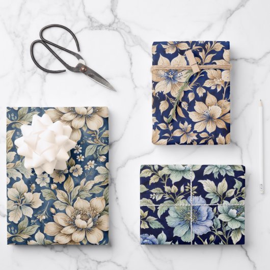 ブルーベージュグリーンチノワセリートイレフローラ誕生日 ラッピングペーパーシート (正面)