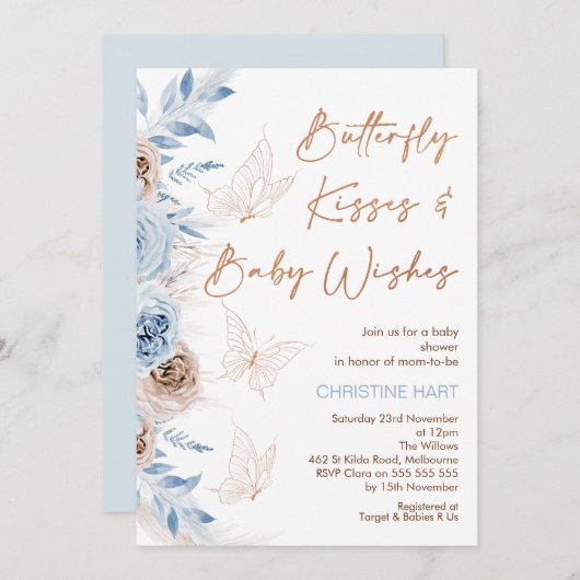 ブルーベージュフローラバタフライキスベビーシャワー 招待状 (正面/裏面)