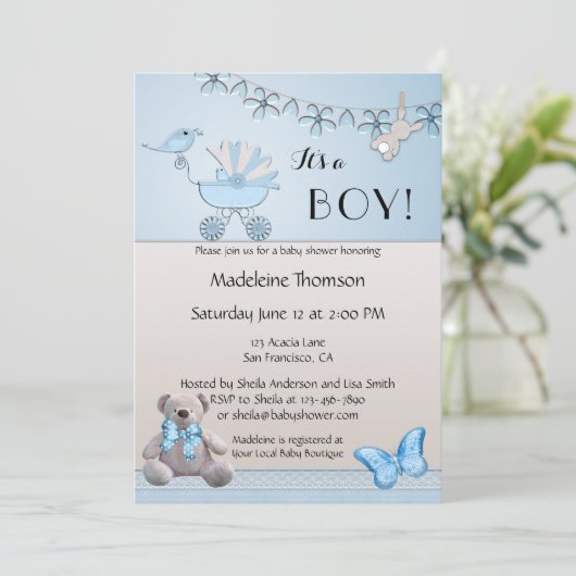 ブルーベージュベアーボーイベビーシャワー招待状 招待状 (スタンド正面)