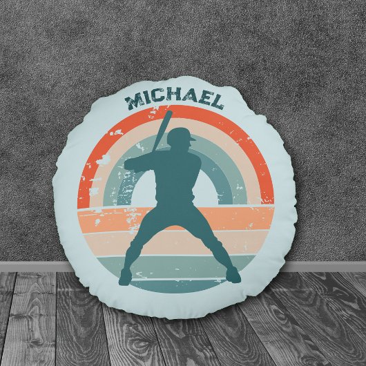 ブルーベースボールバッターレトロレインボー ラウンドクッション