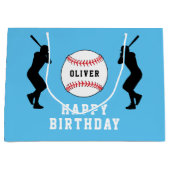 ブルーベースボールプレーヤーキッズネーム誕生日 ラージペーパーバッグ (正面)