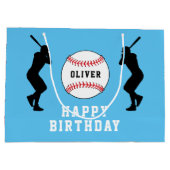 ブルーベースボールプレーヤーキッズネーム誕生日 ラージペーパーバッグ (裏面)