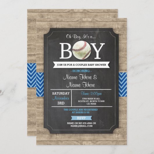 ブルーベースボールベビーシャワーボースポーツウッド招待状 招待状 (正面/裏面)