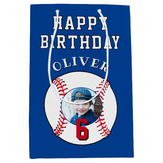 ブルーベースボールボール子供の誕生日写真 ミディアムペーパーバッグ (正面)