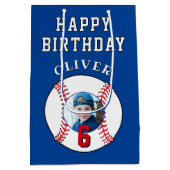ブルーベースボールボール子供の誕生日写真 ミディアムペーパーバッグ (裏面)