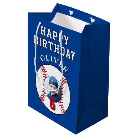 ブルーベースボールボール子供の誕生日写真 ミディアムペーパーバッグ (裏面アングル)
