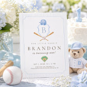 ブルーベースボール・プレッピー・クレスト1歳の誕生日招待状 サンキューカード