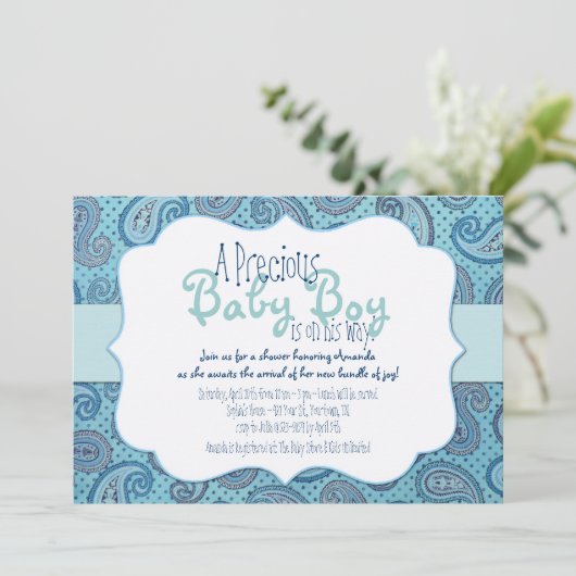 ブルーペイズリー男の赤ちゃんシャワー招待状 招待状 (スタンド正面)