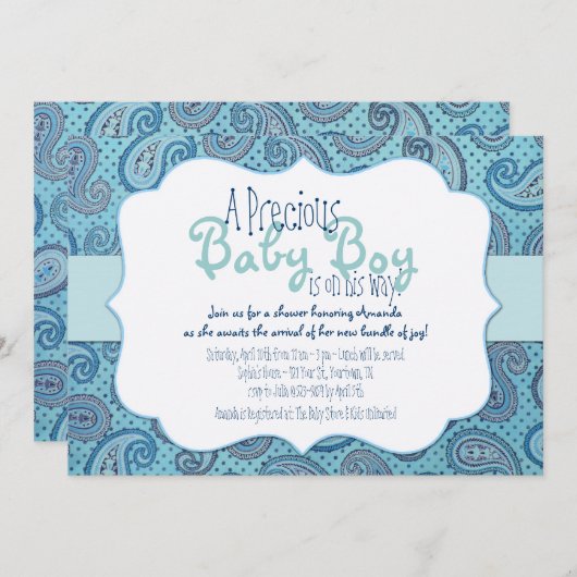 ブルーペイズリー男の赤ちゃんシャワー招待状 招待状 (正面/裏面)