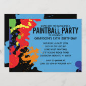 ブルーペイントボール(ばちゃばちゃ)跳ねるペイントボール誕生パーティー 招待状 (正面/裏面)