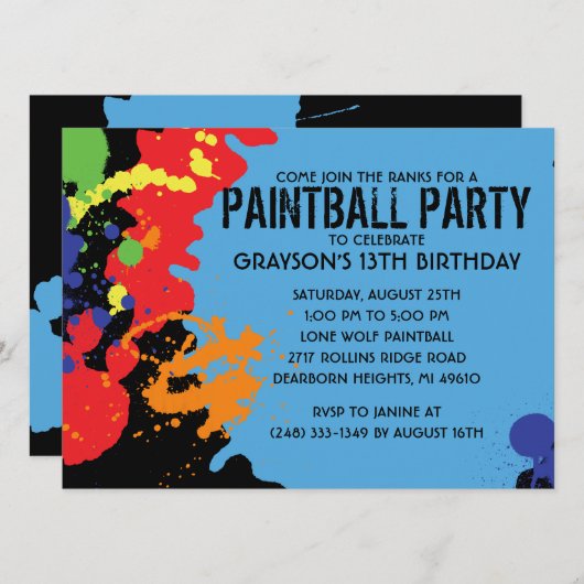 ブルーペイントボール（ばちゃばちゃ）跳ねるペイントボール誕生パーティー 招待状 (正面/裏面)