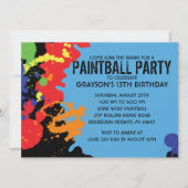 ブルーペイントボール（ばちゃばちゃ）跳ねるペイントボール誕生パーティー 招待状 (正面)