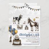 ブルーペッティング動物園の誕生日パーティーへの招待 招待状 (正面/裏面)