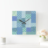 ブルーペリウィンクルフローラボホフェイクパッチワークパターン スクエア壁時計 (ホーム)