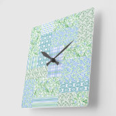 ブルーペリウィンクル花ヴィンテージフェイクパッチワーク スクエア壁時計 (傾斜)