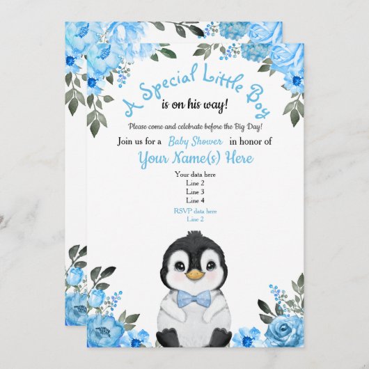 ブルーペンギンベビーシャワー招待状フローラ 招待状 (正面/裏面)