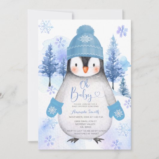ブルーペンギン編み帽子スノーフレーク赤ちゃんシャワー 招待状 (正面)