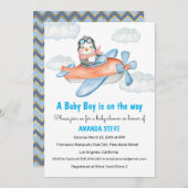 ブルーペンギン飛行機ボーイベビーシャワー招待状 招待状 (正面/裏面)