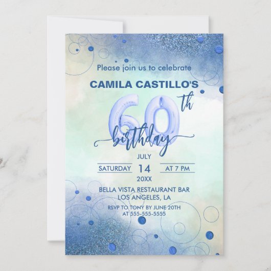 ブルーホイルエレガントバルーン60th誕生日パーティー 招待状 (正面)