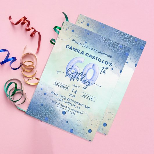 ブルーホイルエレガントバルーン60th誕生日パーティー 招待状