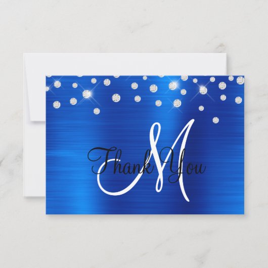ブルーホイル王室のライングラデーションストーン紙吹雪モノグラム サンキューカード (正面)