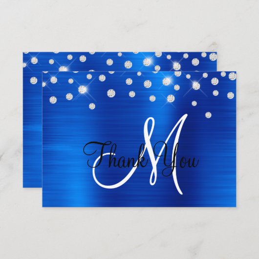 ブルーホイル王室のライングラデーションストーン紙吹雪モノグラム サンキューカード (正面/裏面)