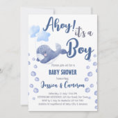 ブルーホエールアホイ男の子の航海のシャワーだ 招待状 (正面)