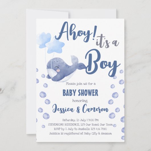 ブルーホエールアホイ男の子の航海のシャワーだ 招待状 (正面)