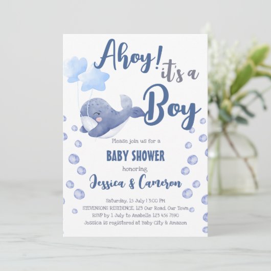 ブルーホエールアホイ男の子の航海のシャワーだ 招待状 (スタンド正面)
