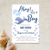 ブルーホエールアホイ男の子の航海のシャワーだ 招待状