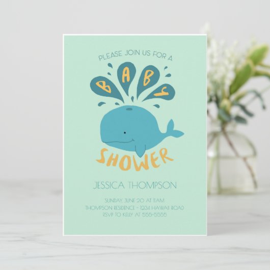 ブルーホエールウォーター男の赤ちゃんユニセックスシャワー招待状 招待状 (スタンド正面)