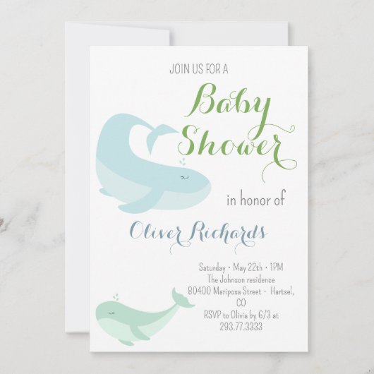 ブルーホエールグリーンパステル海フィッシュベイビーシャワー 招待状 (正面)