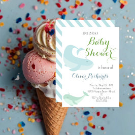 ブルーホエールグリーンパステル海フィッシュベイビーシャワー 招待状