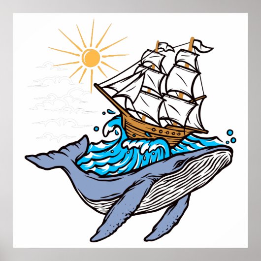 ブルーホエールセーリングシップ波サンシャイン ポスター (正面)