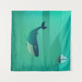 ブルーホエールセーリングボート – 穏やかな海ビュー タペストリー (正面(横))