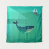 ブルーホエールセーリングボート – 穏やかな海ビュー タペストリー (正面)