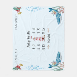 ブルーホエールツインベビーマイルストーン フリースブランケット