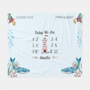 ブルーホエールツインベビーマイルストーン フリースブランケット