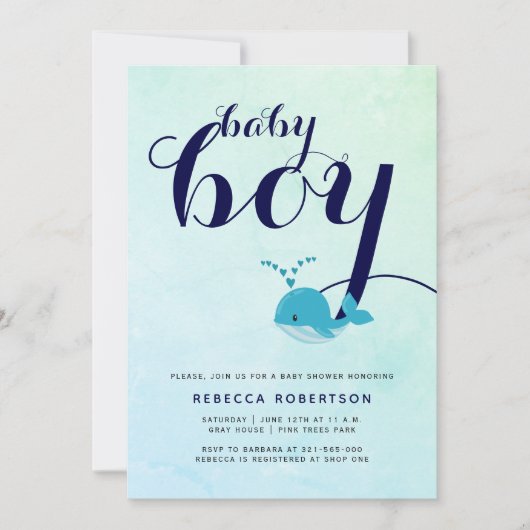 ブルーホエールネイビータイポグラフィ海男の赤ちゃんシャワー 招待状 (正面)