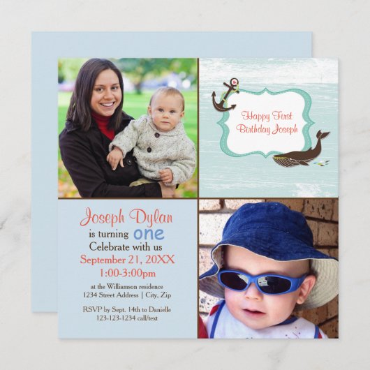 ブルーホエールフォトキッズ – 誕生日招待状 招待状 (正面/裏面)