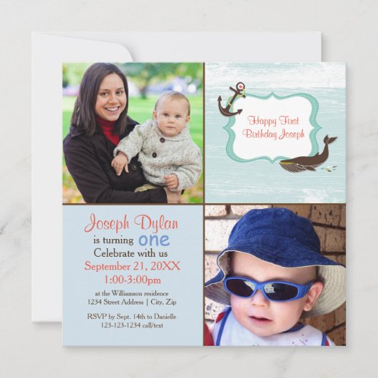 ブルーホエールフォトキッズ – 誕生日招待状 招待状 (正面)