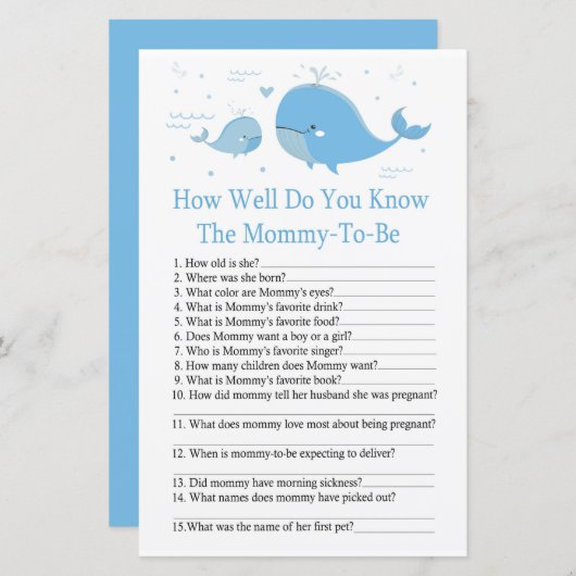 ブルーホエールベビーシャワーゲームをどれだけ知っているか (正面/裏面)