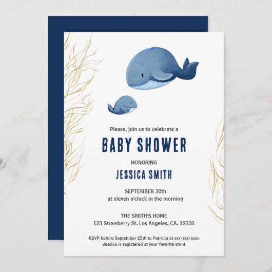 ブルーホエールボーイ赤ちゃんシャワー 招待状 (正面/裏面)