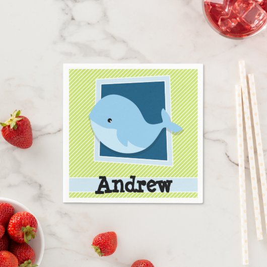 ブルーホエールライムグリーン&ホワイトストライプホテル スタンダードカクテルナプキン (インサイチュ)