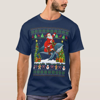 ブルーホエール恋人の醜いサンタ乗りブルーホエールクリー Tシャツ